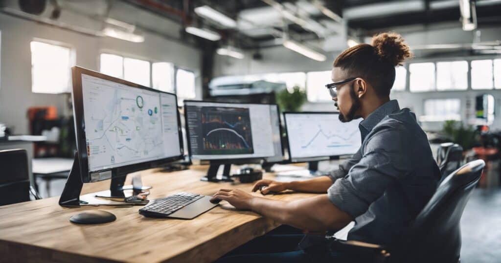 A person manages a service area business at a desk with multiple computer monitors displaying graphs and charts, focusing on local SEO strategies in an office setting. on possibleweb.com.